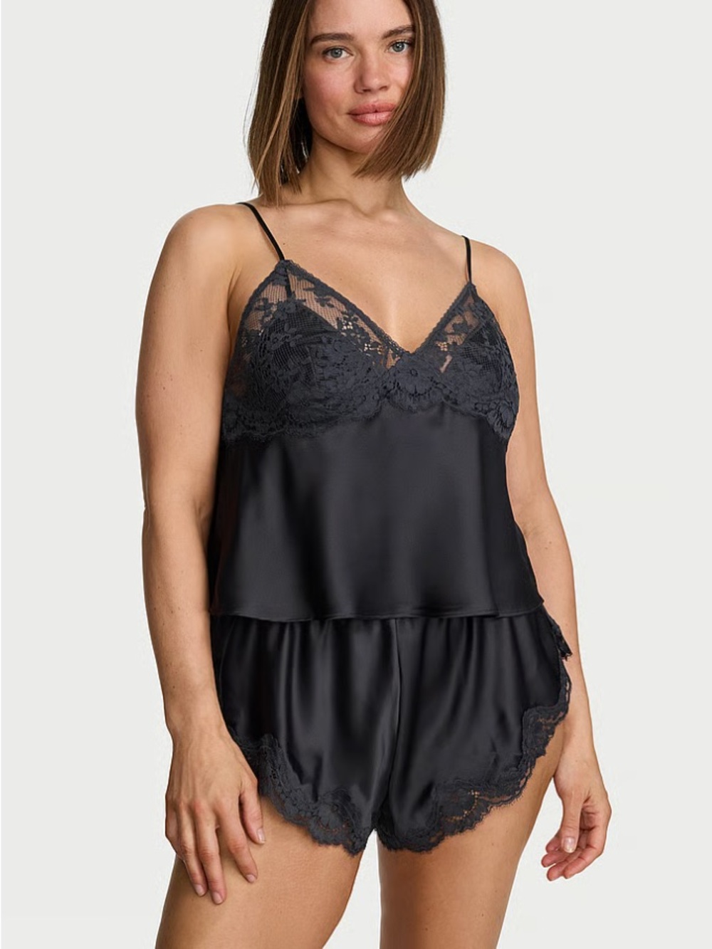 Victoria's Secret Black Satin Lace Cami & Shorts Pajama Set